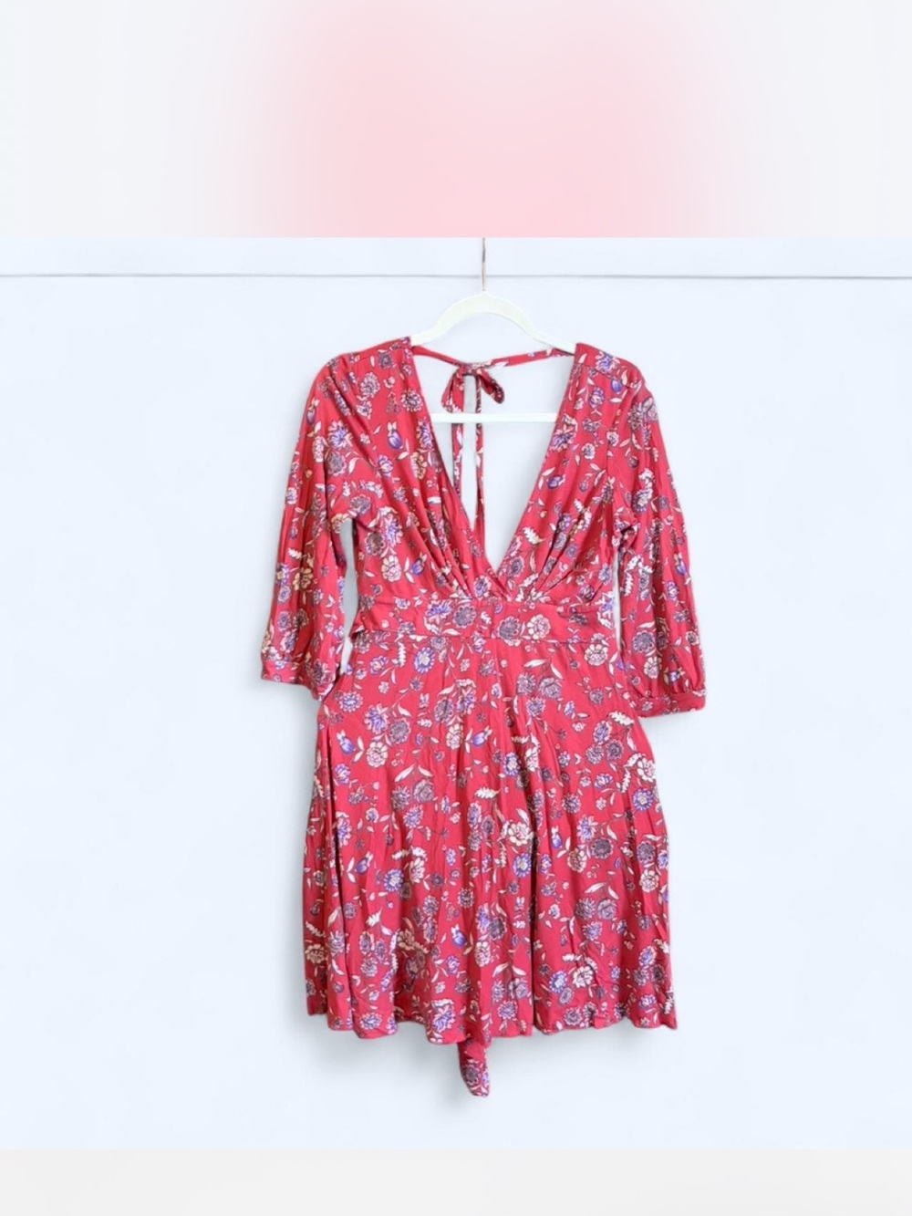 Free People Red Floral Backless V-Neck Dress
